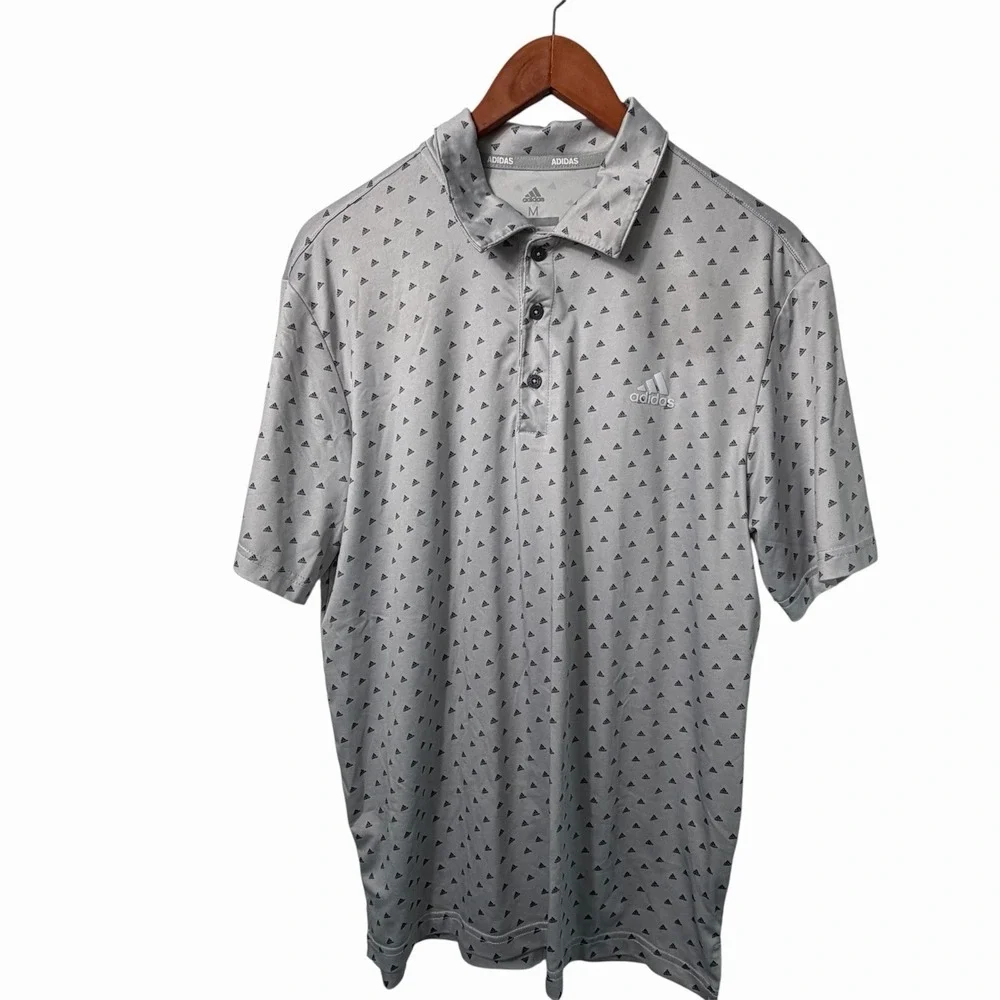 Adidas Golf Polo Shirt Mens Medium Dot Print Gray All Over Print Logo 3 Btn Plkt